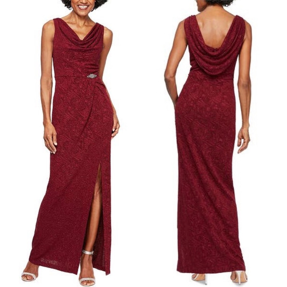 Alex Evenings cowl neck drape back wine 
Jacquard Column Gown Dress
Size 22W